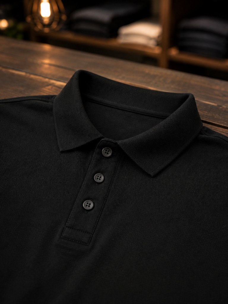 Polo Lisa Piquet preta — detalhe